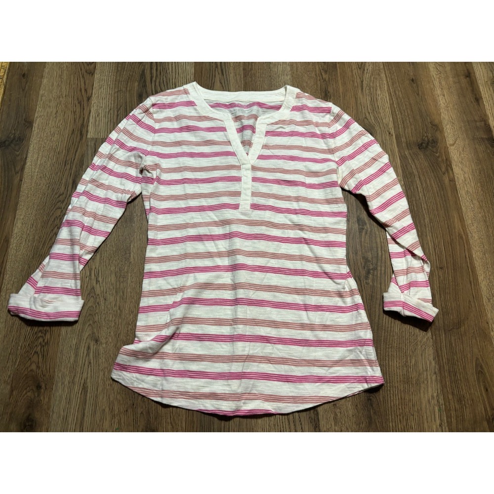 Talbots Shirt Women Size XS Pink Striped Henley Long Sleeve Cotton Modal Top